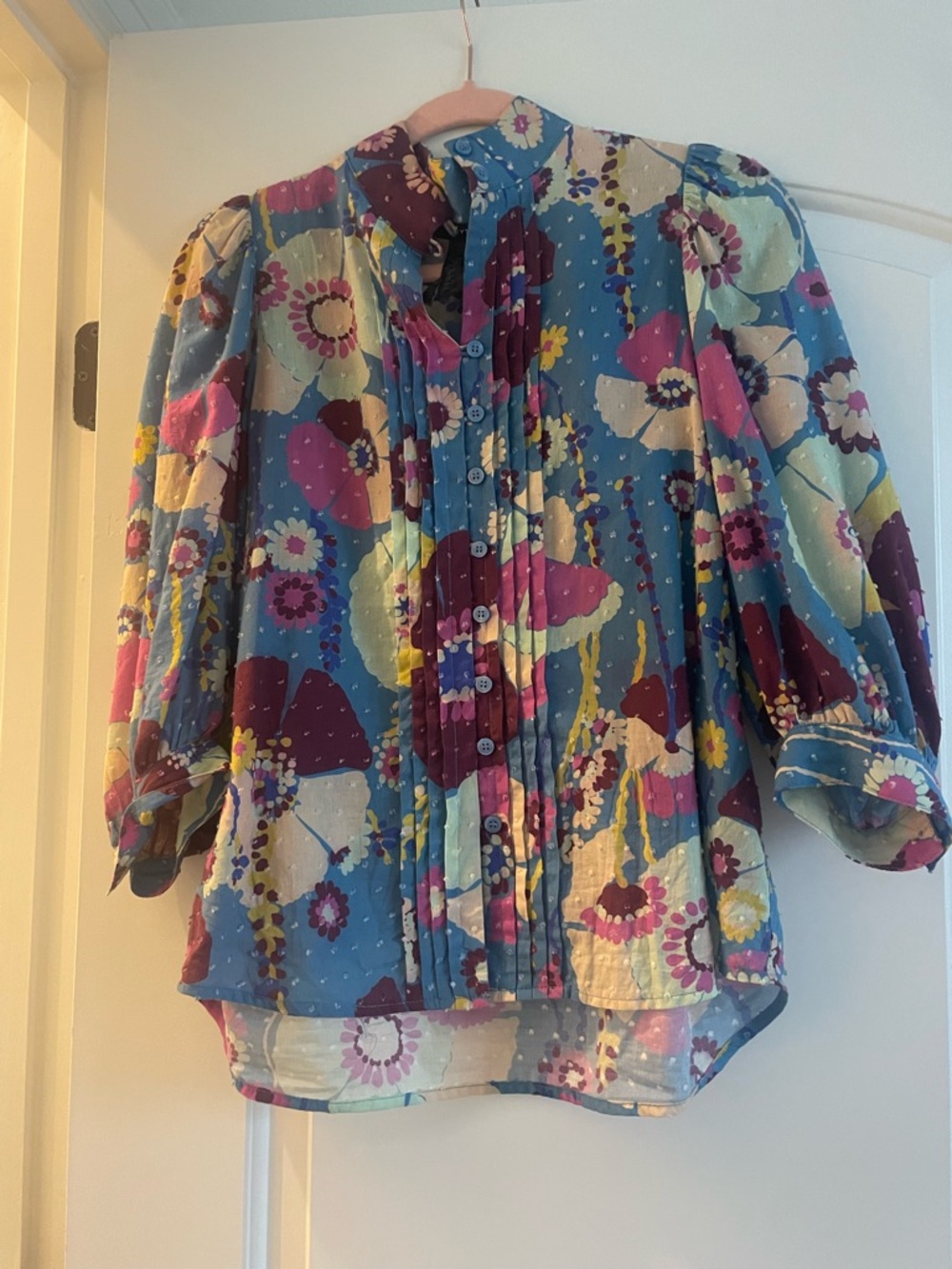 Smythe Floral Pintuck Button-Front Blouse in Blue, Cream, Yellow, Pink, Purple